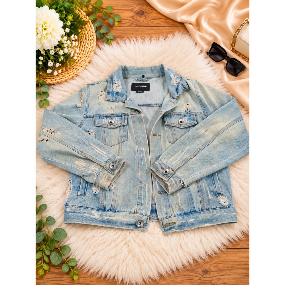 Fashion Nova Distressed Denim Jacket – Women's Size Small – Light Wash